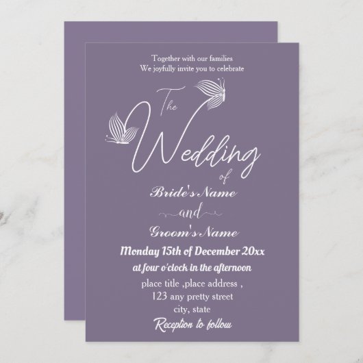 Romantische, elegante Mauve-Schmetterlinge Hochzei Einladung (Vorne/Hinten)