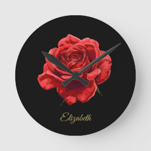 Romantische Elegante Rote Rose mit Golden Script-G Runde Wanduhr