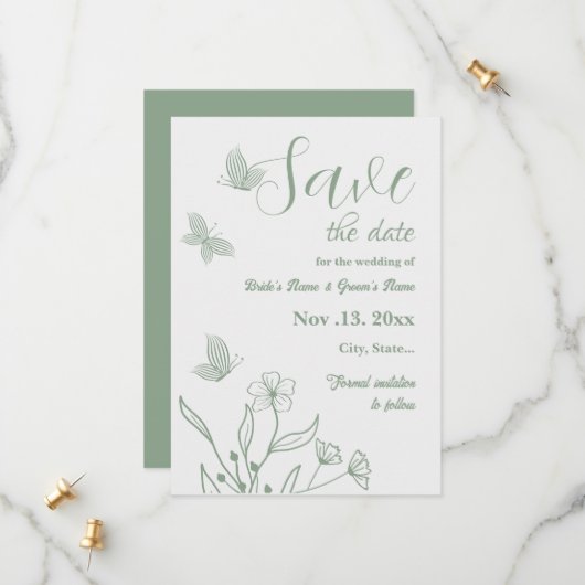 Romantische elegante Salbei Blütenhochzeit Save The Date (Vorderseite/Rückseite Beispiel)
