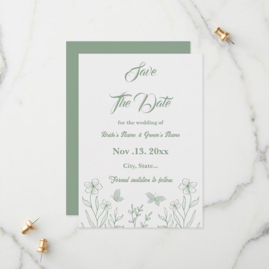 Romantische elegante Salbei Blütenhochzeit Save The Date (Vorderseite/Rückseite Beispiel)