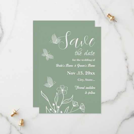 Romantische elegante Salbei Blütenhochzeit Save The Date (Vorderseite/Rückseite Beispiel)
