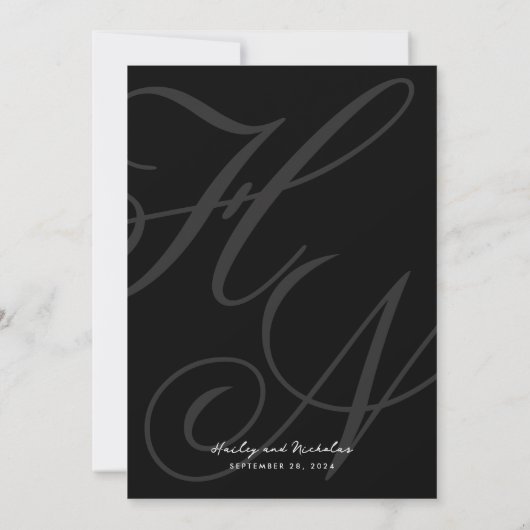 Romantische elegante Script Monogram Black Wedding Einladung (Rückseite)