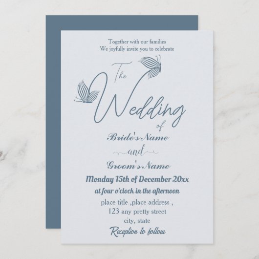 Romantische, elegante, staubblaue Schmetterlinge H Einladung (Vorne/Hinten)