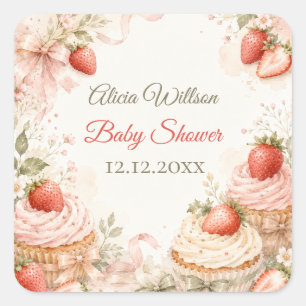 Romantische Erdbeer-Baby-Party Quadratischer Aufkleber