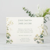 Romantische Eukalyptus-Blätter, Hochzeit in Silber Einladung (Stehend Vorderseite)