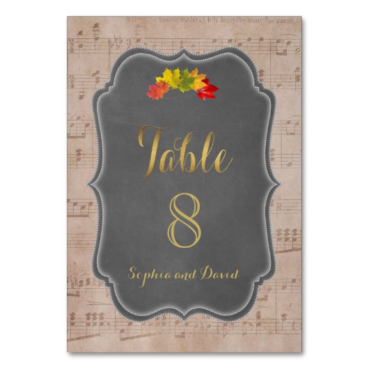 Romantische Fall Music Sheet Wedding TISCHNUMMER (Vorderseite)