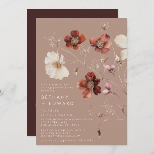 Romantische Fall Taupe Wildblume Engagement Party Einladung (Vorne/Hinten)