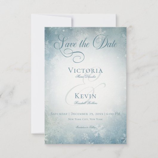 Romantische Fallende Schneeblauer und Weiße Hochze Save The Date (Vorderseite)