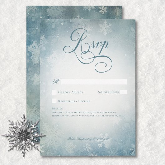 Romantische Falling Snow Blue White Wedding No Din RSVP Karte