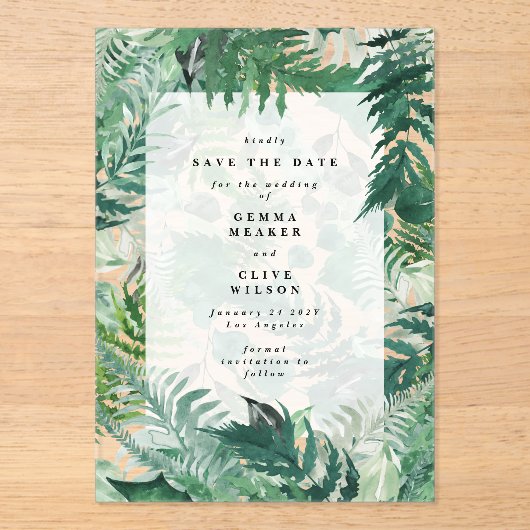Romantische Ferns Leafy Greenery Save the Date Acryleinladungen (Vorderseite)