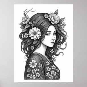Romantische florale Frauenlinienkunst Poster