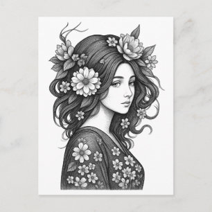 Romantische florale Frauenlinienkunst Postkarte