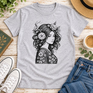 Romantische florale Frauenlinienkunst T-Shirt