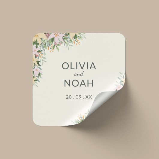 Romantische florale Hochzeit Quadratischer Aufkleber