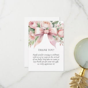 Romantische Florale Rosa Schleife Baby Shower Dankeskarte