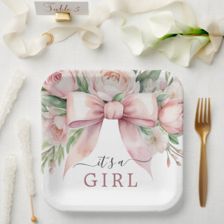 Romantische Florale Rosa Schleife Baby Shower Pappteller
