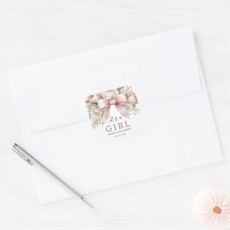 Romantische Florale Rosa Schleife Baby Shower Quadratischer Aufkleber
