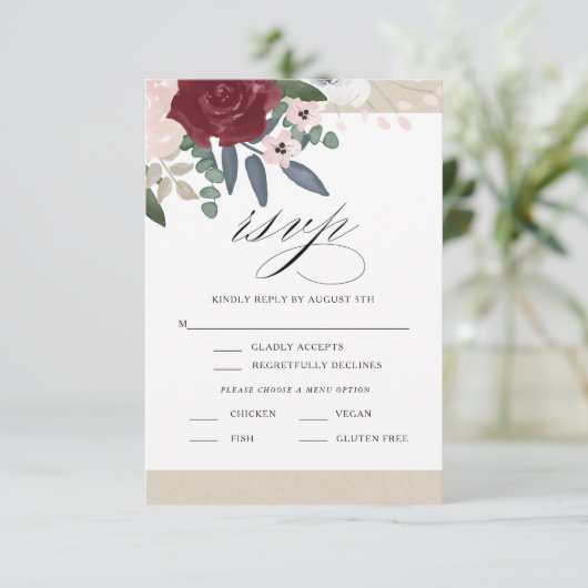 Romantische Florals UAWG mit Menü RSVP Karte (Stehend Vorderseite)