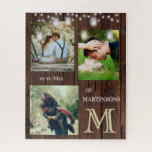 Romantische Fotos aus eigenem, individuellem Monog Puzzle<br><div class="desc">Dieses Puzzle könnte genauso einfach LIEBE ausdrücken - mit einem rustikalen Holztexturhintergrund; blinkende Lichter; drei Ihrer wunderbaren Fotos - ein Datum - ein Familienname und ein einzigartiges LAYERING DES MONOGRAMM - genau hinsehen und Sie werden drei Farben sehen, was ihm das Gefühl der Tiefe gibt. Dieses wunderbare Rätsel wird auch...</div>