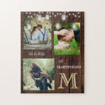 Romantische Fotos aus eigenem, individuellem Monog Puzzle<br><div class="desc">Dieses Puzzle könnte genauso einfach LIEBE ausdrücken - mit einem rustikalen Holztexturhintergrund; blinkende Lichter; drei Ihrer wunderbaren Fotos - ein Datum - ein Familienname und ein einzigartiges LAYERING DES MONOGRAMM - genau hinsehen und Sie werden drei Farben sehen, was ihm das Gefühl der Tiefe gibt. Dieses wunderbare Rätsel wird auch...</div>