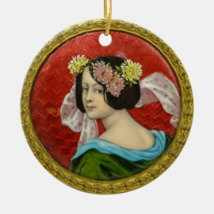 ROMANTISCHE FRAU MIT BLUME VINTAG ENAMEL KERAMIK ORNAMENT