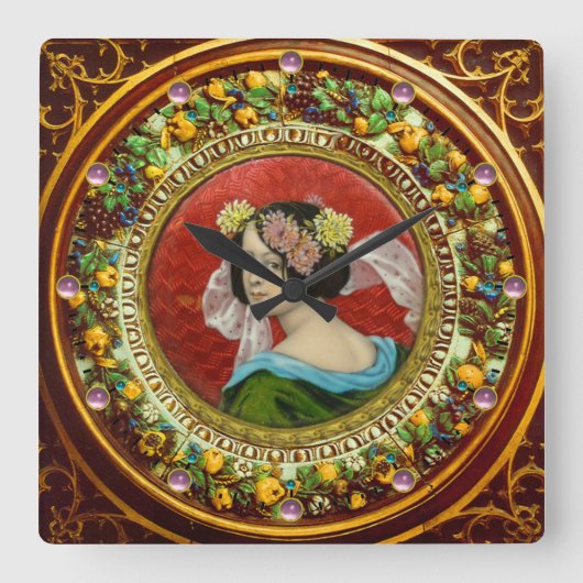 ROMANTISCHE FRAU MIT BLUME VINTAG ENAMEL QUADRATISCHE WANDUHR (Vorderseite)