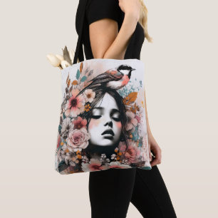 Romantische Frau mit Blumen und Vogelillustration Tasche