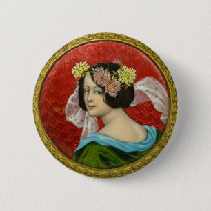 ROMANTISCHE FRAU MIT BLUMEN VINTAGE-EMAILLE BUTTON