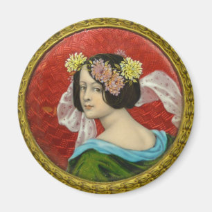 ROMANTISCHE FRAU MIT BLUMEN VINTAGE-EMAILLE MAGNET