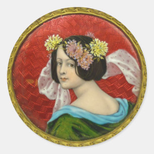 ROMANTISCHE FRAU MIT BLUMEN VINTAGE-EMAILLE RUNDER AUFKLEBER