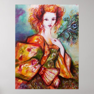 ROMANTISCHE FRAU MIT GLÄNZENDER PFauenfeder Poster