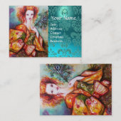 ROMANTISCHE FRAU MIT PEACOCK FEATHER Blue Damask Visitenkarte (Vorne/Hinten)