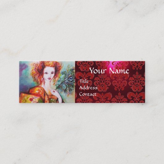 ROMANTISCHE FRAU MIT PEACOCK FEATHER Red Damask Mini Visitenkarte (Vorderseite)