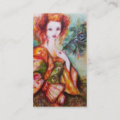 ROMANTISCHE FRAU MIT PEACOCK FEATHER Red Damask Visitenkarte (Rückseite)