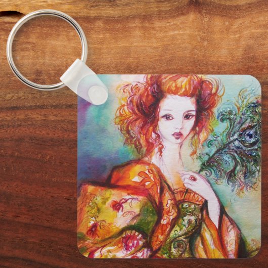 ROMANTISCHE FRAU MIT PEACOCK FEATHER SCHLÜSSELANHÄNGER (Vorderseite)