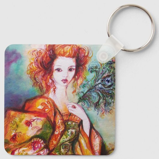 ROMANTISCHE FRAU MIT PEACOCK FEATHER SCHLÜSSELANHÄNGER (Rückseite)