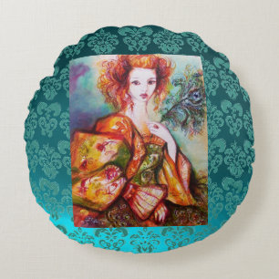 ROMANTISCHE FRAU MIT SPARKLING PEACOCK FEATHER Aqu Rundes Kissen