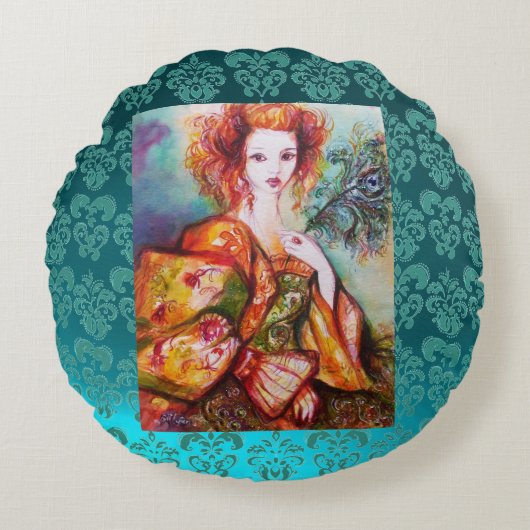 ROMANTISCHE FRAU MIT SPARKLING PEACOCK FEATHER Aqu Rundes Kissen (Vorderseite)