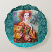 ROMANTISCHE FRAU MIT SPARKLING PEACOCK FEATHER Aqu Rundes Kissen (Rückseite)