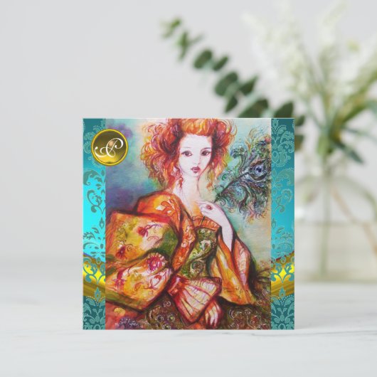 ROMANTISCHE FRAU MIT SPARKLING-PEACOCK-FEATHER EINLADUNG (Stehend Vorderseite)