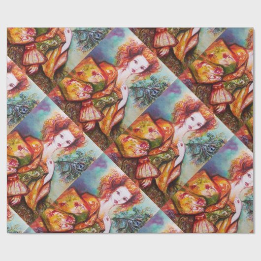 ROMANTISCHE FRAU MIT SPARKLING-PEACOCK-FEATHER GESCHENKPAPIER (Flach)