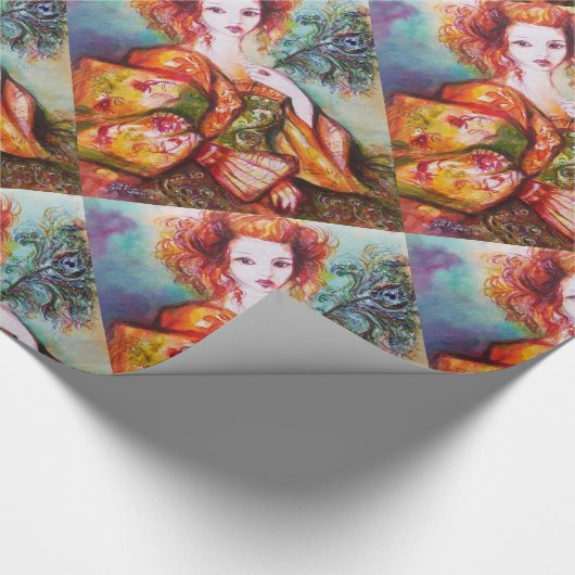 ROMANTISCHE FRAU MIT SPARKLING-PEACOCK-FEATHER GESCHENKPAPIER (Ecke)