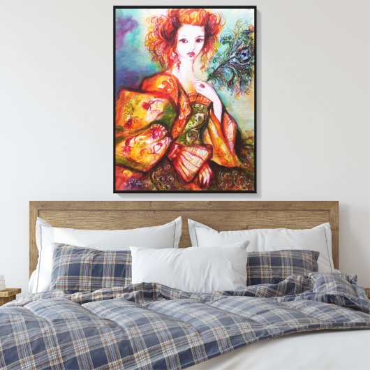 ROMANTISCHE FRAU MIT SPARKLING-PEACOCK-FEATHER LEINWANDDRUCK (Insitu (Schlafzimmer))