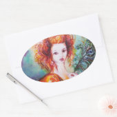 ROMANTISCHE FRAU MIT SPARKLING-PEACOCK-FEATHER OVALER AUFKLEBER (Umschlag)