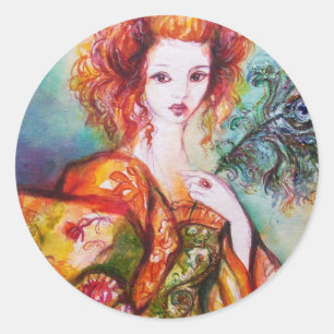 ROMANTISCHE FRAU MIT SPARKLING-PEACOCK-FEATHER RUNDER AUFKLEBER