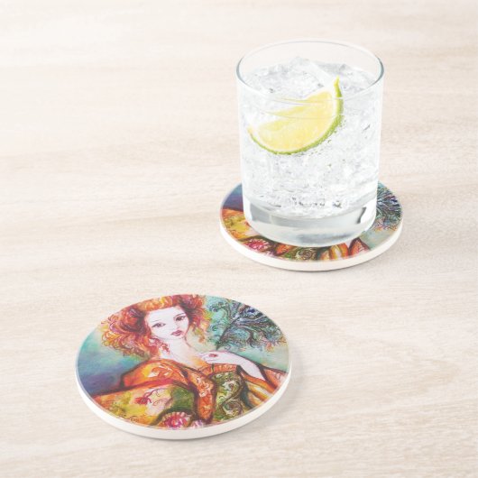 ROMANTISCHE FRAU MIT SPARKLING-PEACOCK-FEATHER SANDSTEIN UNTERSETZER (Seite)