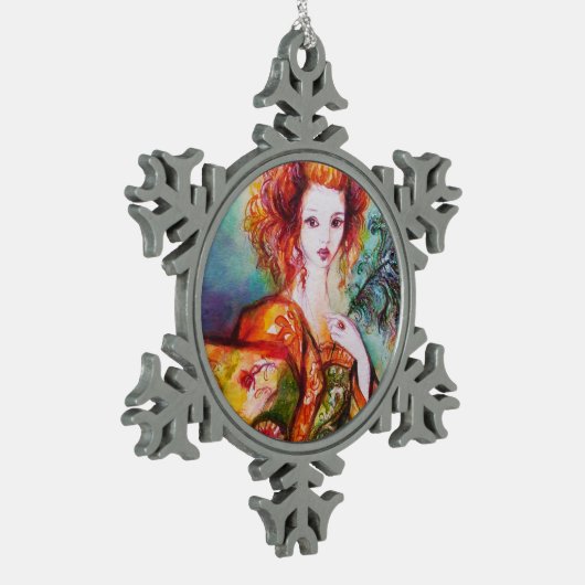 ROMANTISCHE FRAU MIT SPARKLING-PEACOCK-FEATHER SCHNEEFLOCKEN Zinn-Ornament (Links)