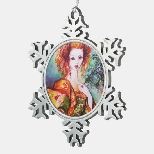 ROMANTISCHE FRAU MIT SPARKLING-PEACOCK-FEATHER SCHNEEFLOCKEN Zinn-Ornament (Rechts)