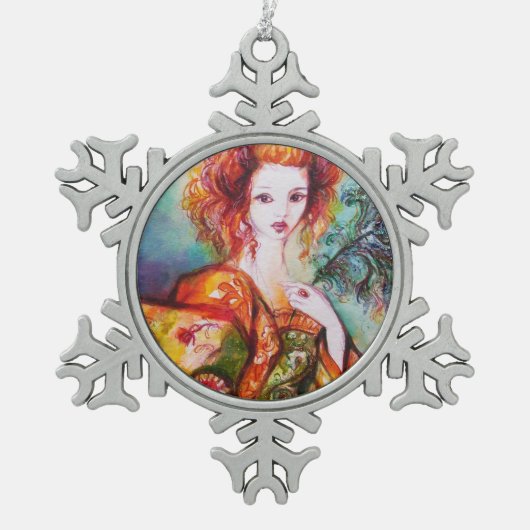 ROMANTISCHE FRAU MIT SPARKLING-PEACOCK-FEATHER SCHNEEFLOCKEN Zinn-Ornament (Vorderseite)