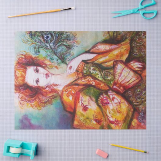 ROMANTISCHE FRAU MIT SPARKLING-PEACOCK-FEATHER SEIDENPAPIER (Basteln)